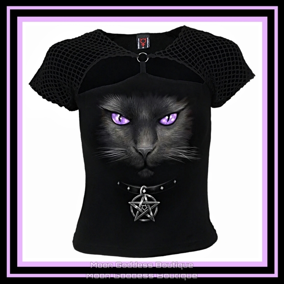Spiral Direct Tops - Gothic BLACK CAT - Mesh Ring Cap Sleeve Top - S